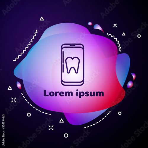 Purple line Online dental care icon isolated on blue background. Dental service information call center. Abstract banner with liquid shapes. Vector Illustration