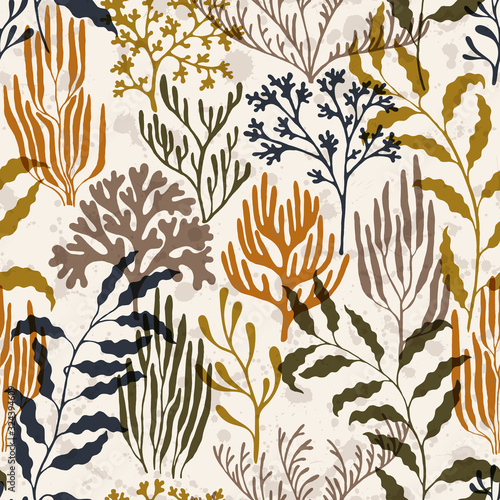 Coral polyps seamless pattern., Australian staghorn and pillar corals branches.