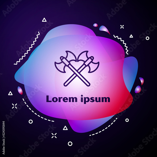 Purple line Crossed medieval axes icon isolated on blue background. Battle axe, executioner axe. Abstract banner with liquid shapes. Vector Illustration