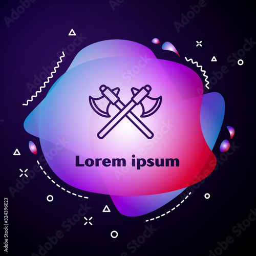 Purple line Crossed medieval axes icon isolated on blue background. Battle axe, executioner axe. Abstract banner with liquid shapes. Vector Illustration