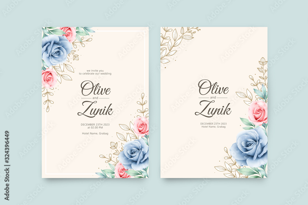 Beautiful wedding invitation template with rose watercolor and gold leaves