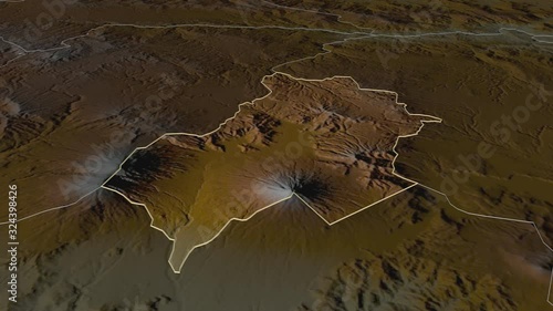 Sacatep�quez, department with its capital, zoomed and extruded on the relief map of Guatemala in the conformal Stereographic projection. Animation 3D photo