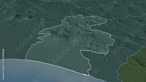 Santa Rosa, department with its capital, zoomed and extruded on the administrative map of Guatemala in the conformal Stereographic projection. Animation 3D photo