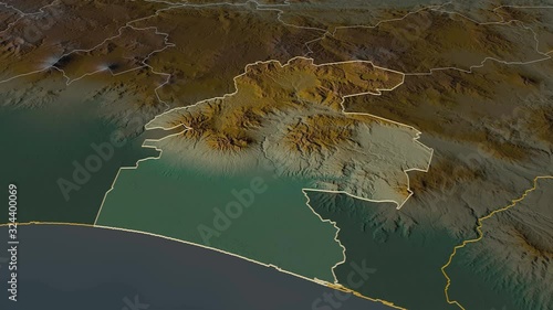 Santa Rosa, department with its capital, zoomed and extruded on the relief map of Guatemala in the conformal Stereographic projection. Animation 3D photo