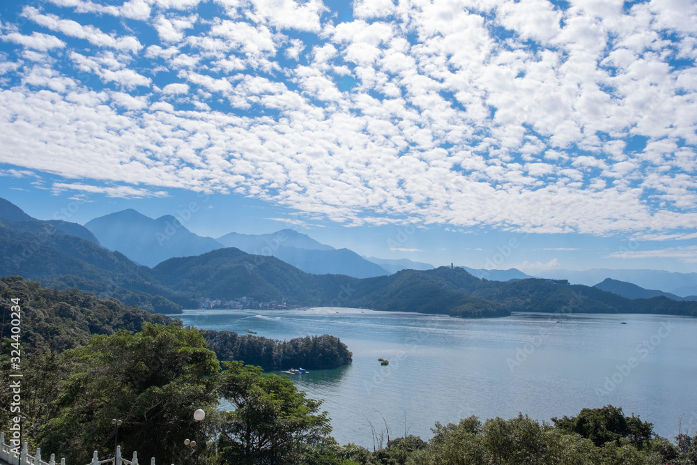 The view from the mountain that overlooks the Sun Moon Lake and the beautiful soft sky. Taiwan
