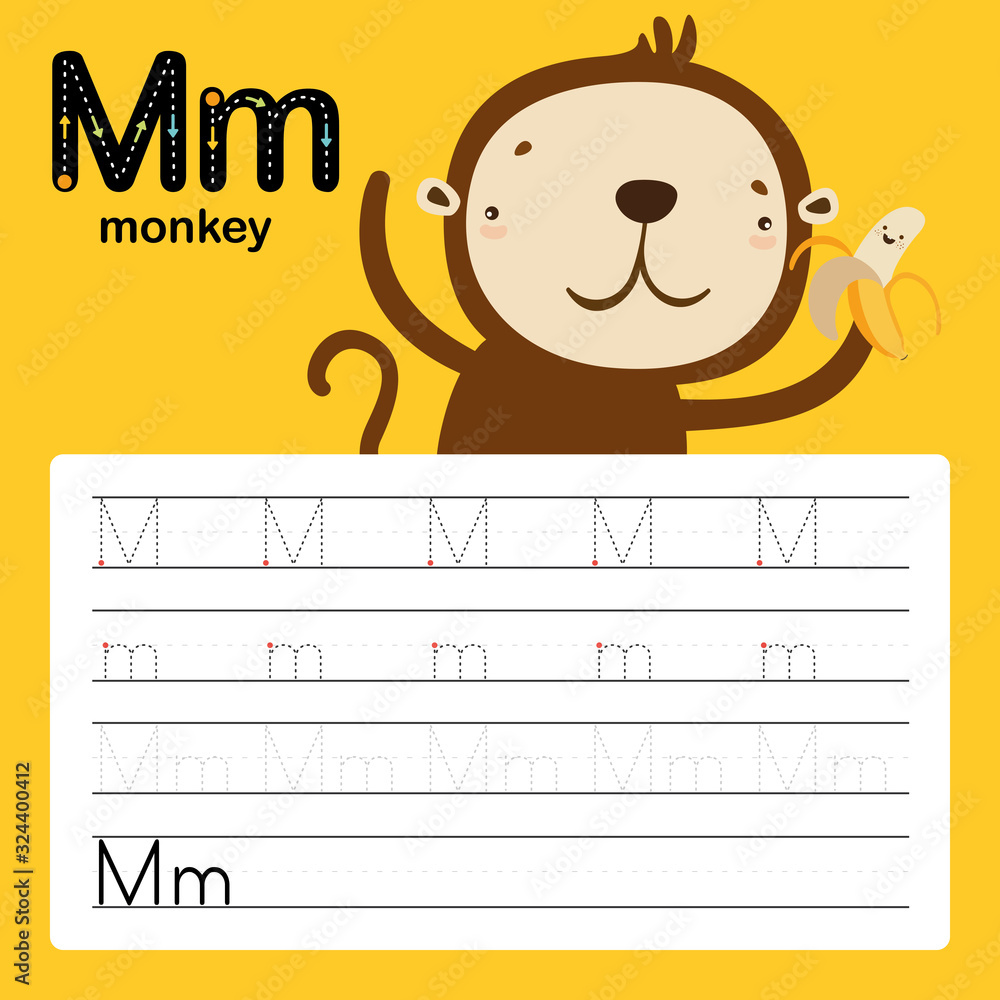 alphabet tracing worksheet for preschool and kindergarten to improve basic writing skills letter m monkey vector illustration stock vector adobe stock