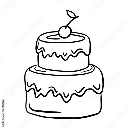 Cake. Vector linear illustration. freehand drawing doodles. Birthday cake.