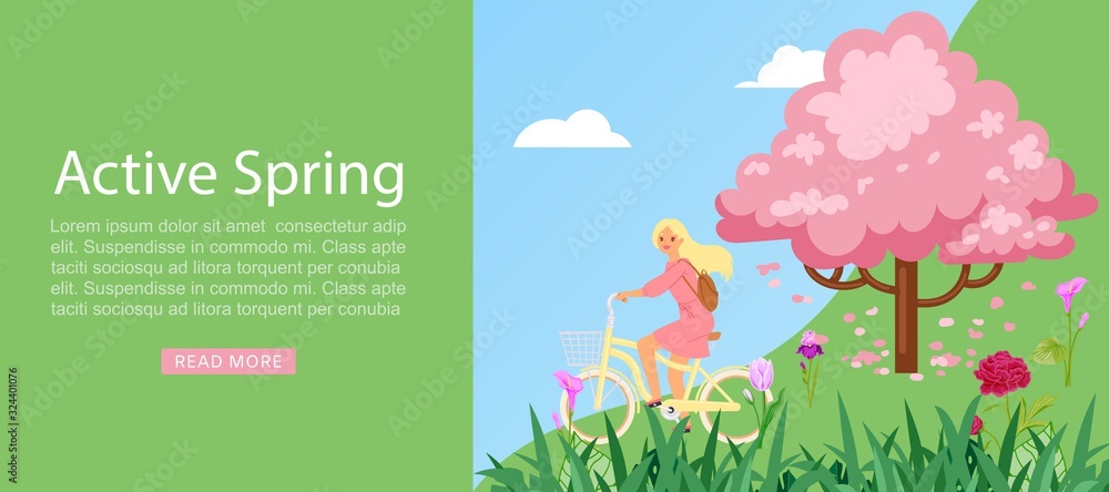 Active spring and lifestyle girl riding on bicycle and blooming trees vector illustration. Bycyclist active spring girl rides bike in blooming park with trees web banner.