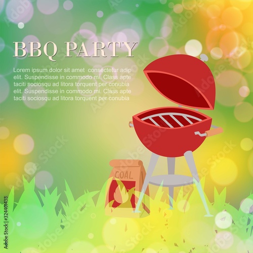 Barbeque party outdoors in park summer picnic poster with bbq utencils kitchenware vector illustration. Barbeque party picnic outdoors with green grass blur background.