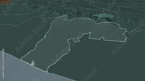 Suchitep�quez, department with its capital, zoomed and extruded on the administrative map of Guatemala in the conformal Stereographic projection. Animation 3D photo