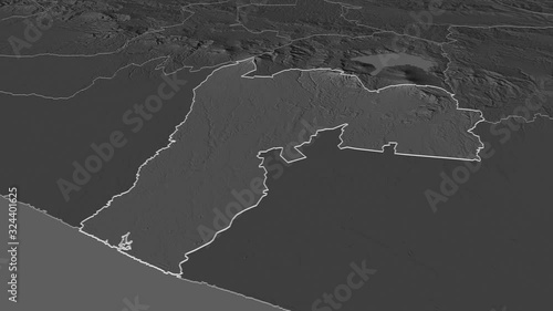 Suchitep�quez, department with its capital, zoomed and extruded on the bilevel map of Guatemala in the conformal Stereographic projection. Animation 3D photo