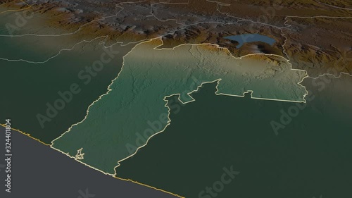 Suchitep�quez, department with its capital, zoomed and extruded on the relief map of Guatemala in the conformal Stereographic projection. Animation 3D photo