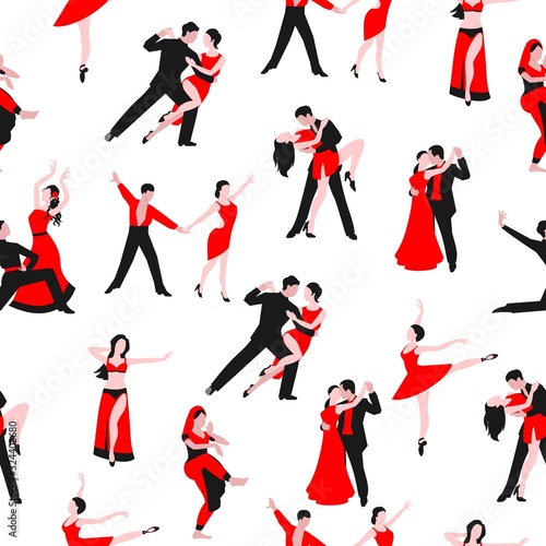 Dancers or dancing party seamless pattern  vector illustration. Cartoon dancing couples man and woman isolated on white background. Retro or classic dances tango  waltz or salsa backdrop.