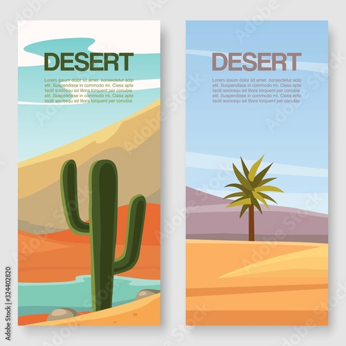 Desert travel vector illutration of two banners set. Wild deserted sands and rocks with cactuses and palms landscape backdrop for extreme travelling adventure in desert, savanna, wild africa.
