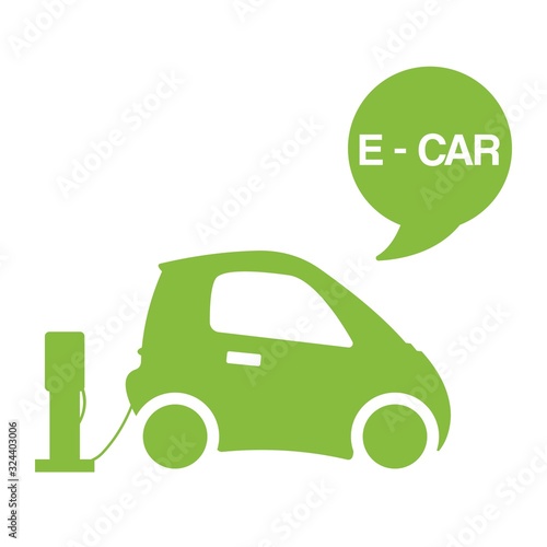 Green e-car ecological electromobile concept vector illustration. Electric station with battery powered e-car auto isolated on white background poster. Eco innovation in transportation.