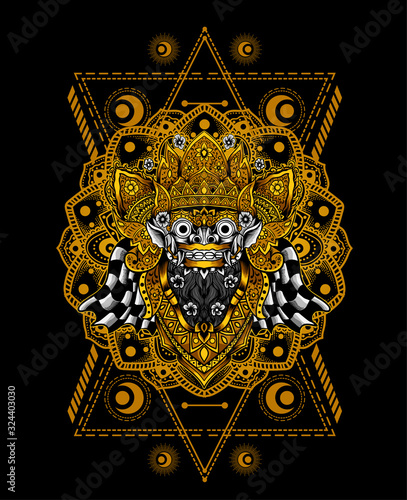 Barong head gold color with geometric background(balinese traditional culture icon)-vector