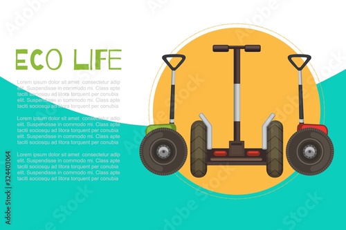 Eco life with electric gyroscooters web poster, vector illustration. Ecological transportation and leisure self balancing mobile transport gyroscooters with handgrip.