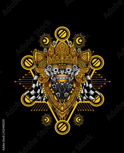 Barong head gold color with geometric background(balinese traditional culture icon)-vector