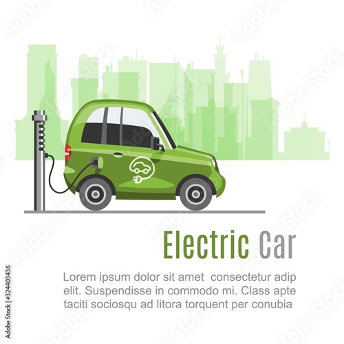 Electric car ecological electromobile in green city web vector template. Electric auto with battery powered e-car on urban landscape with eco green buildings. Eco innovation in transportation.
