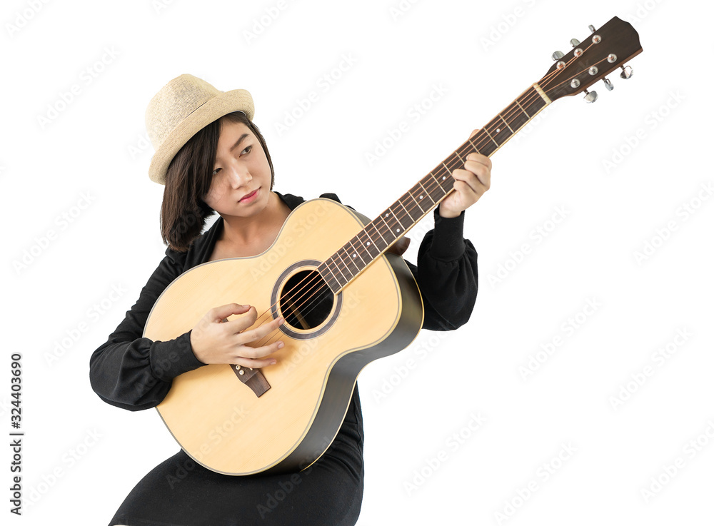 Woman hold guitar guitar folk song in her hand Woman hold guitar guitar folk song in her hand