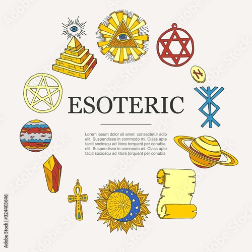 Esoteric symbols and occult objects poster, vector illustration. Cartoon esotery manuscript, eye in triangle, planets and stars, sun and astrology items. Esoterism circle poster for shops or party.