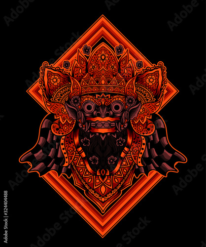 Barong head glowing red color with geometric background(balinese culture icon)