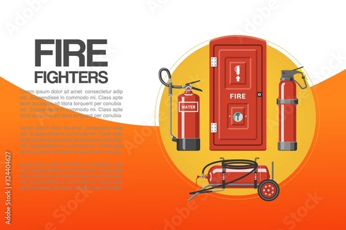 Fire fighters service poster, vector illustration. Cartoon emergency red firefighter rescue tools set with typography. Elements of the fire departament equipment, extinguisher for firemen.