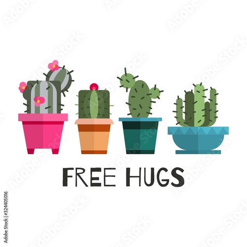 Free hugs cactuses cartoon vector illustration. Banner with cactus and cacti in pots, green home flowers, free hugs with cacti joke cute scandinavian style isolated on white poster.