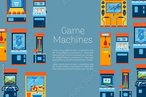 Game machine vector illustration. Arcade gambling games, hunting, fishing, boxing and dancing where gamesome gambler or gamer play in computer machinery. Retro poster.