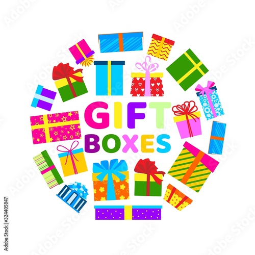 Colorful wrapped gift boxes for christmas and holidays presents with ribbons, ormaments and bows vector illustration in circle isolated on white background. Lots of gifts and presents poster.
