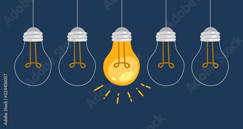 Electric light bulb, symbol of innovation and good ideas vector illustration. One lighted bulb among extinct on dark blue background. Generating ideas poster. Invention and solution cocept.