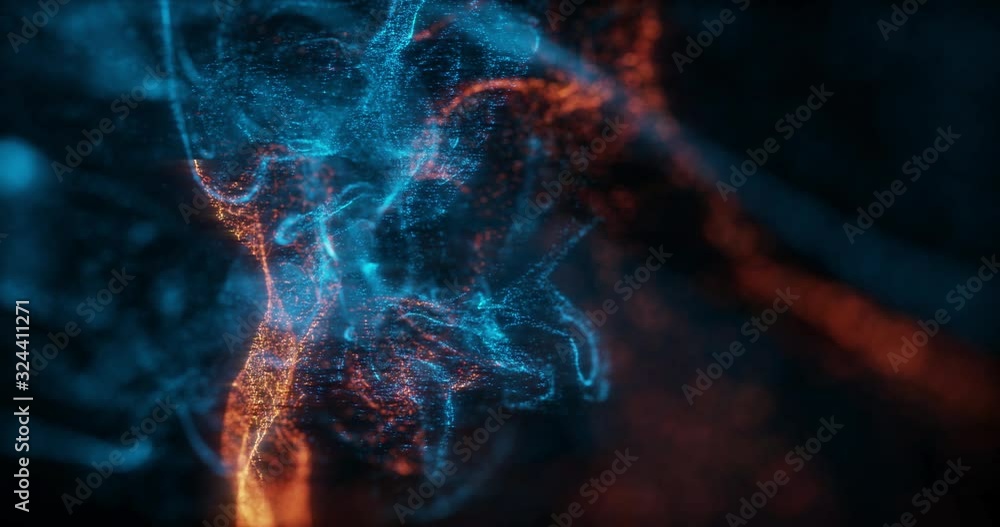 Abstract Macro slow motion shot of Blue and Orange Particle Fluid isolated on black. paint drops mixing in water. Ink swirling underwater. Colored cloud abstract smoke explosion animation. 3D render