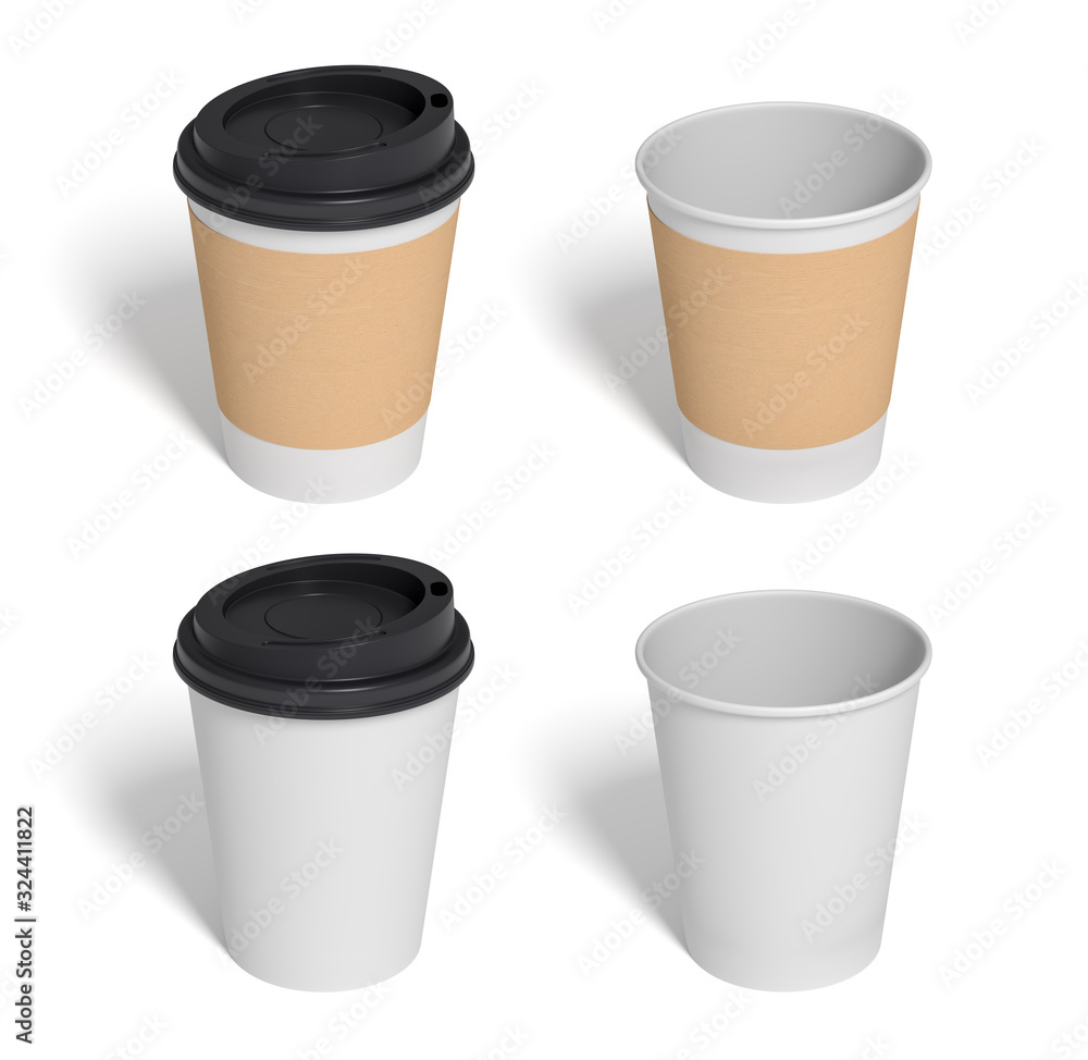 Coffee cup. Set of four closed cup. Takeout drinks, morning coffee. Isolated on a white. 3d rendering Coffee cup. Set of four closed cup. Takeout drinks, morning coffee. Isolated on a white. 3d rendering