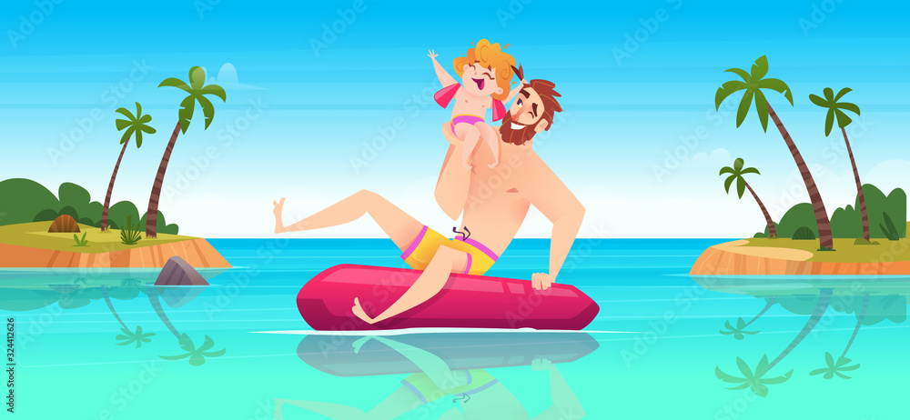 Happy Father and daughter float on a lifebuoy in the blue sea, having fun. Family Vacation Concept on Tropical Beach.