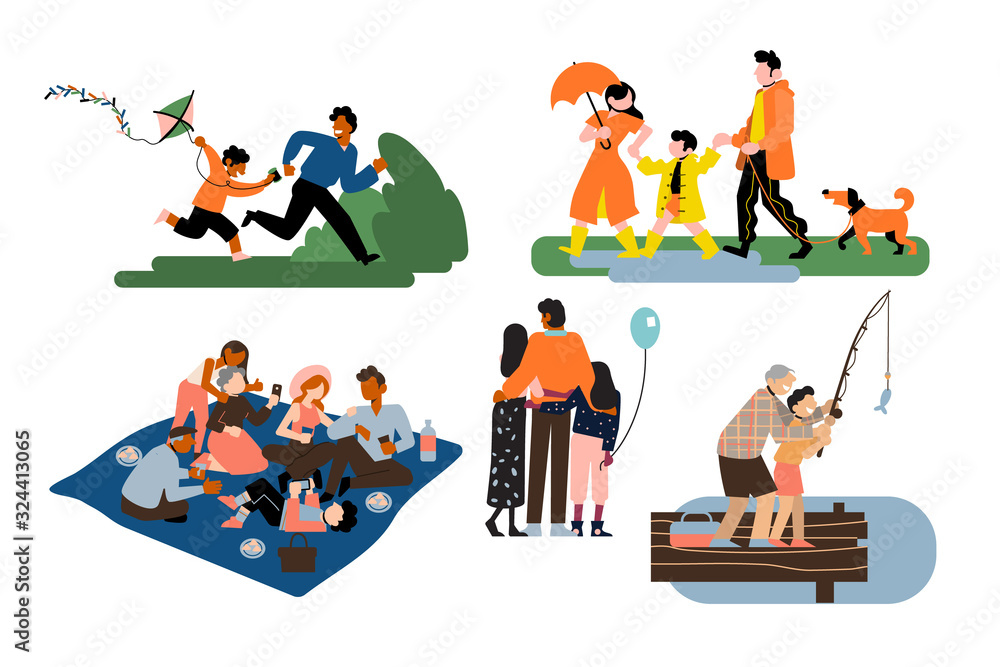 Naklejka premium Family doing outdoor activities, kid walk in the rain with parents and dog, picnic with family, fly a kite, grandson fishing with grandfather