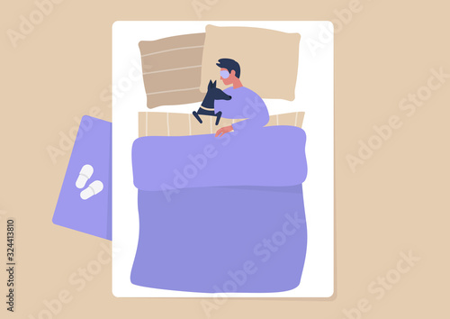 Top view bedroom interior, young male character cuddling with their dog in bed, millennials being crazy over dogs