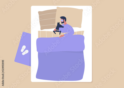 Top view bedroom interior, young male character cuddling with their dog in bed, millennials being crazy over dogs