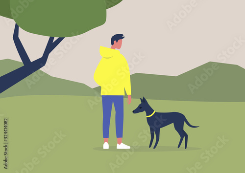 Young male character walking with their dog in the woods, outdoor leisure activities, summer time