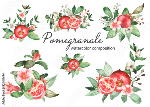 Watercolor set of bouquets, compositions of pomegranate, leaves, flowers, grains, halves of pomegranate photo