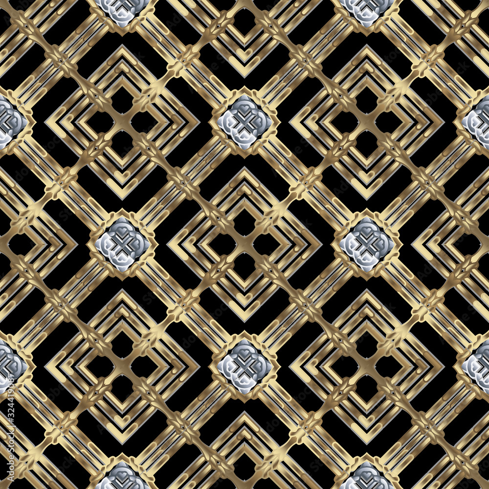 Waffle gold 3d vector seamless pattern. Geometric ornamental textured background. Repeat abstract modern backdrop. Waffles ornament. Symmetrical ornate design with rhombus, shapes, stripes, lines