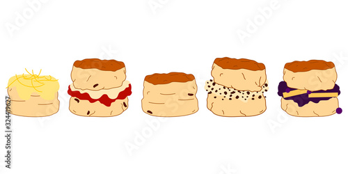 Set of cartoon scones or biscuits in various flavors background and borders with chocolate, cream, jam, blueberry sauce and lemon. Traditional British teacake,  afternoon tea , buttermilk biscuits.