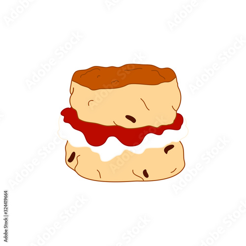 Doodle scone or biscuit with jam and cream isolated on white background. Traditional British teacake, afternoon tea, cream tea, tea party, buttermilk biscuits. Great for icon, card, menu, logo design.