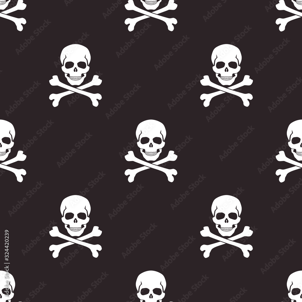Seamless pattern with white skulls and crossbones, isolated on black background. Symbol of Ransomware attack, death, pirates. Vector illustration