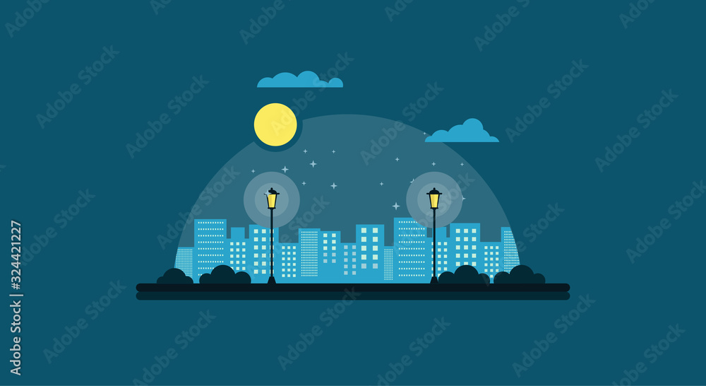 city park at night vector illustration in simple minimal geometric flat style - city landscape with bench and lamp - abstract horizontal banner