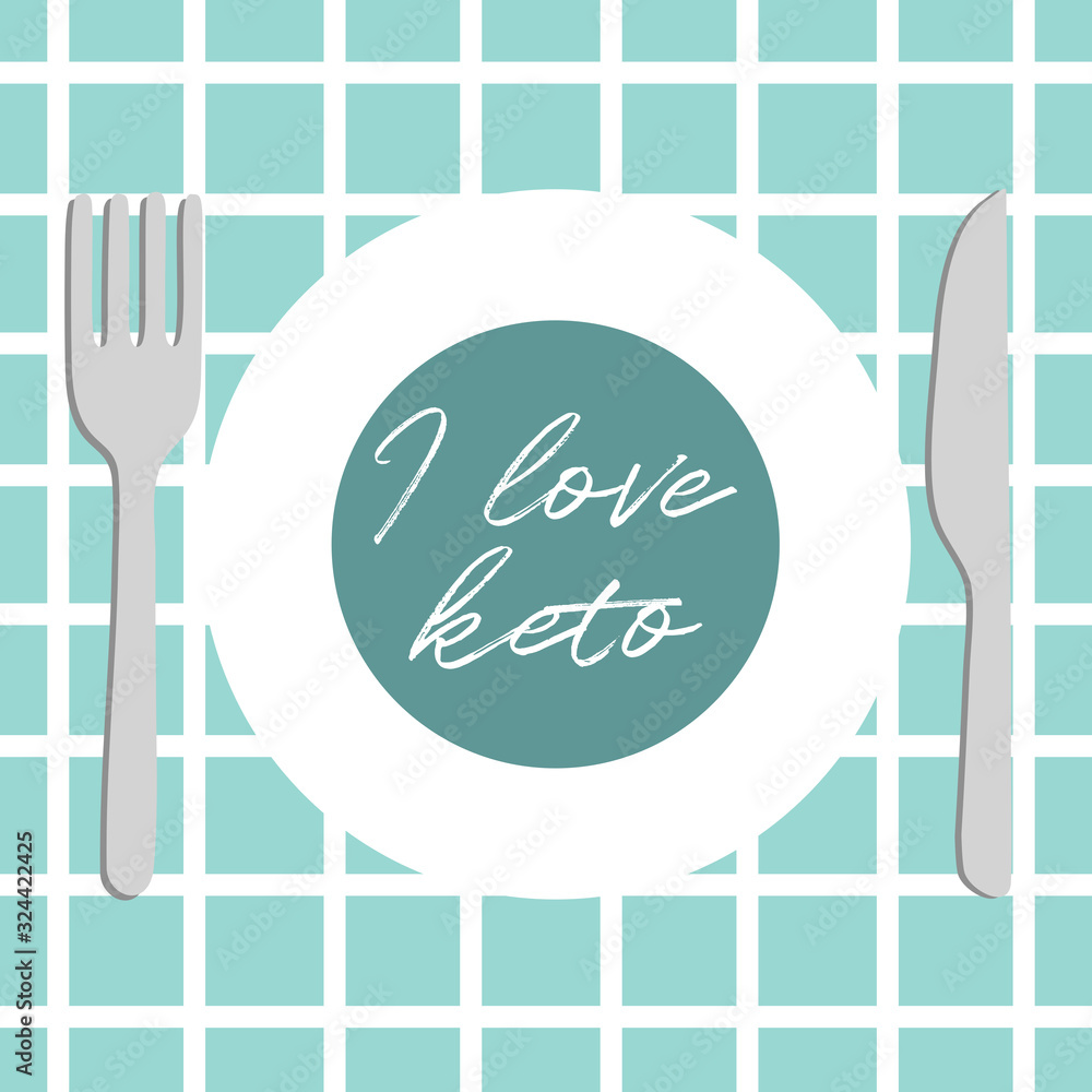 I love keto lettering text on white plate table setting. Ketogenic diet concept vector illustration. Low carb high fats healthy food. I love keto lettering text on white plate table setting. Ketogenic diet concept vector illustration. Low carb high fats healthy food.