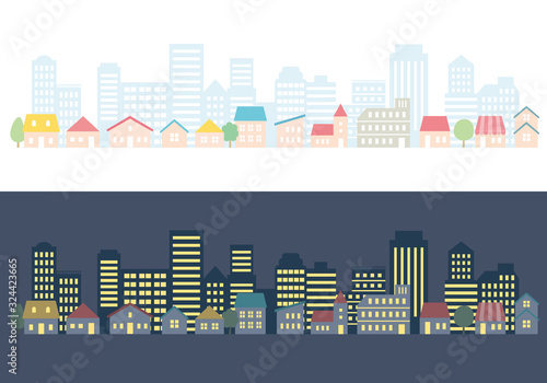 街並みのイラスト 家とビルと夜景