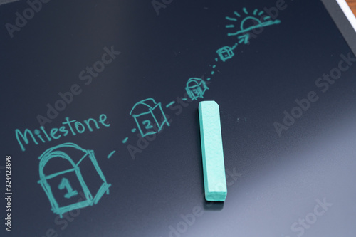 Milestone for project or life planning concept, green chalk drawing milestone with number on the pathway to final taget or goal