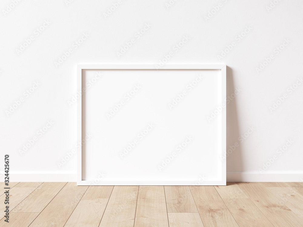 Horizontal white frame mock up on wooden floor with white wall. 3D