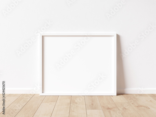 Horizontal white frame mock up on wooden floor with white wall. 3D illustrations.