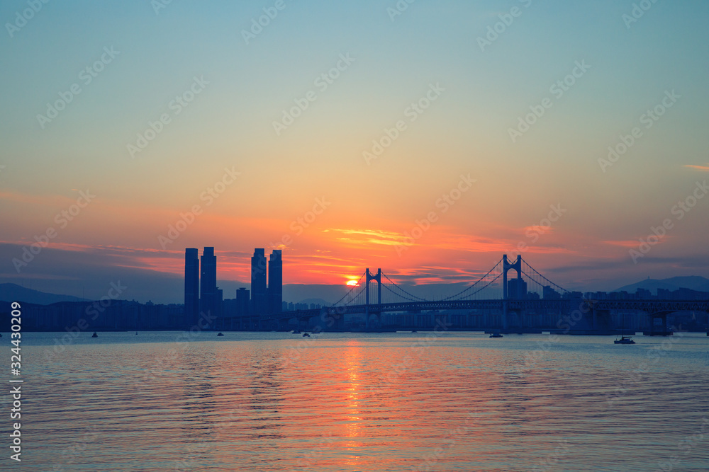 Sunrise of Gwangan bridge at haeundae in Busan,South Korea.